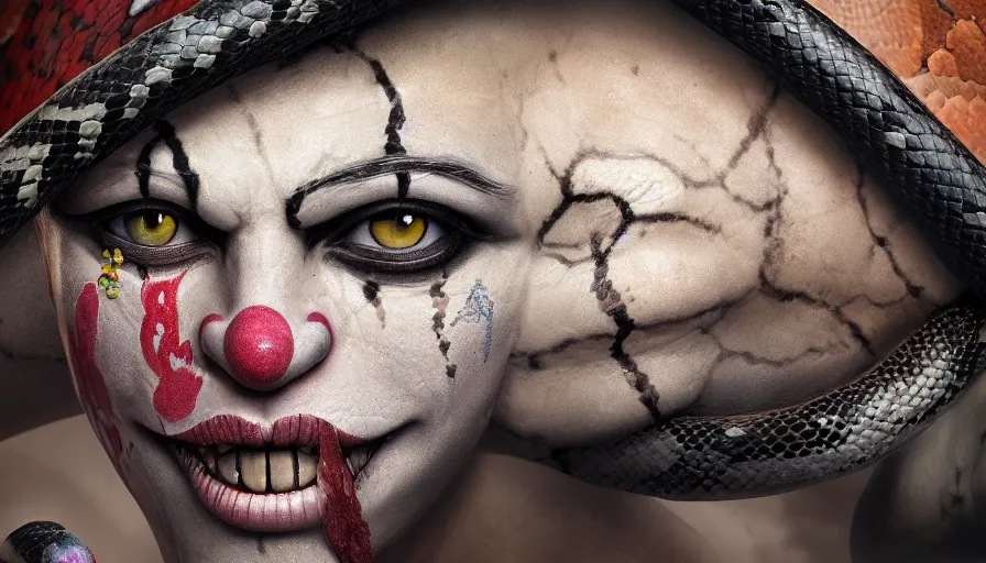 Image similar to hybrid of a happy snake diamonds and sad clown, rule of thirds, beautiful detailed face, ultra realistic, concept art, intricate details, serious, highly detailed, photorealistic, octane render, 8 k, unreal engine, detailed oil painting.