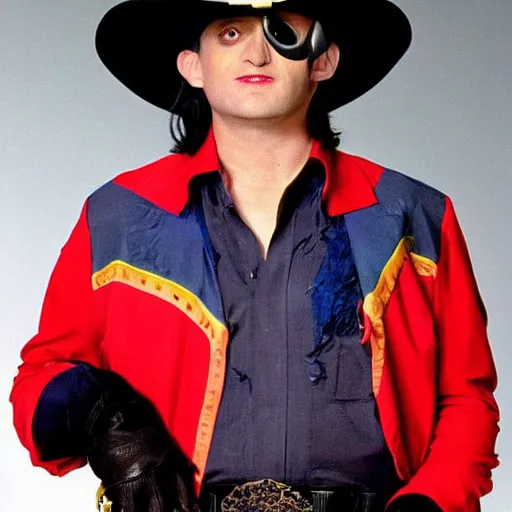 Prompt: Tim Robinson from I think You should Leave, dressed up as the Lone Ranger cowboy outfit and eye mask disguise, photo from the 1990s TV show Hot Shots Megee