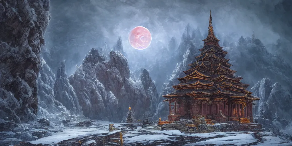 Image similar to Epic Exterior of ornate mountain temple, craggy cliffs, swirling skies, blood moon, very ominous environment, icy ground, wintry light, icy snowy stunning atmosphere, godly light, light shafts, epic realm, bloom, in style of Ivan Shishkin and in style of Greg Rutkowski