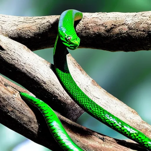 Prompt: a green serpent snake, viper, green mamba, snake in a tree