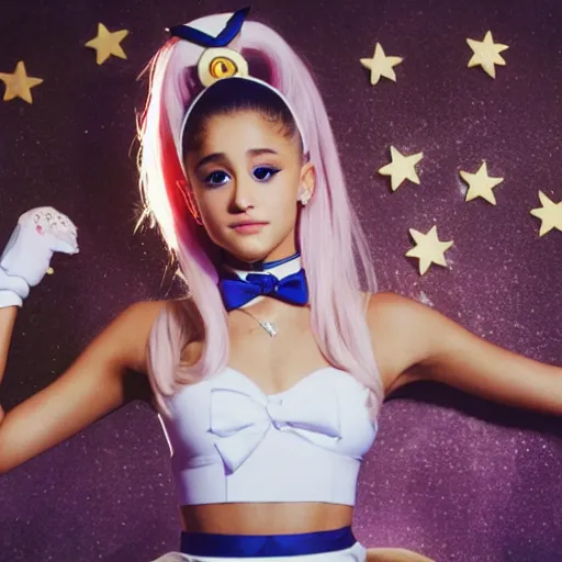 Image similar to Portrait of Ariana Grande doing Sailor Moon cosplay, 50mm photograph by annie leibovitz