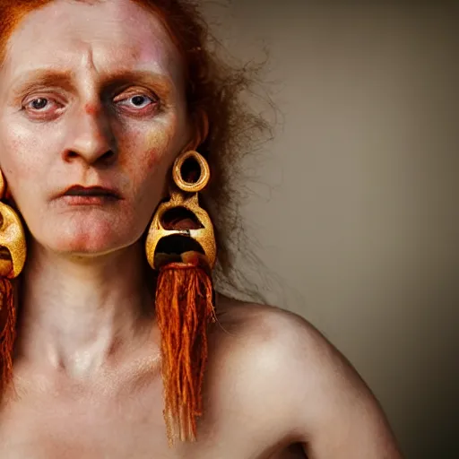 Image similar to Extremely detailed photo realistic matte portrait painting of winking 15th Century Barbary Coast pirate Woman with Ginger hair and Golden hooped earrings photography by Steve McCurry