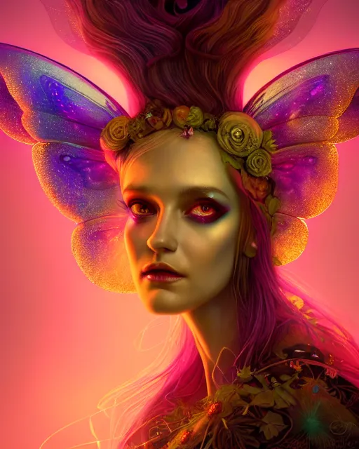 Image similar to portrait, stunningly beautiful female faerie priestess in amanita muscaria forest landscape, symmetrical wings on back, neon hair, wearing a dress of gossamer gold, inner glow, illustration, dramatic lighting, soft details, painting, art nouveau, octane render, 8 k, hd, by brom, faces by otto schmidt