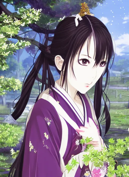 Image similar to beautiful seductive girl wearing hanfu, farm background, by kyoani in the style of shining resonance, by yuumei