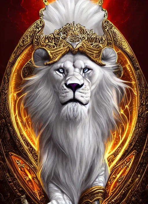 Prompt: anthropomorphized white lion wizard casting magic bright light spell, smiling, casting spell, concept art, insanely detailed and intricate, hypermaximalist, elegant, ornate, hyper realistic, super detailed, art deco, cinematic, trending on artstation, magic the gathering artwork