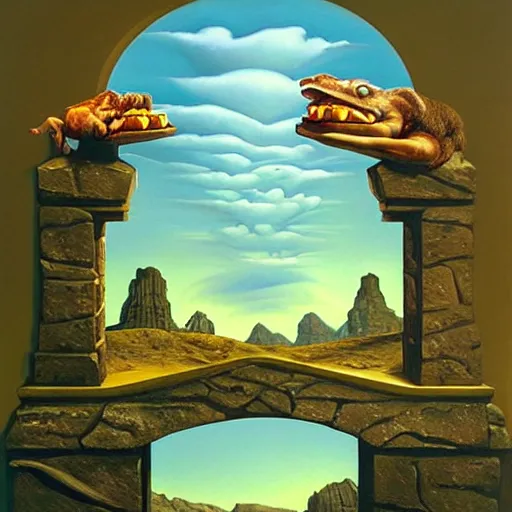 Image similar to The famous gargoyle of McDonalds, surrealist landscape painting by Vladimir Kush