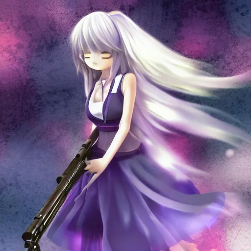 Prompt: advanced digital anime art, Sakimichan , a small school girl with silver hair wearing a violet dress and bare feet aiming through a PSG1 sniper rifle, DOF, Gaussian Blur, —W 1920