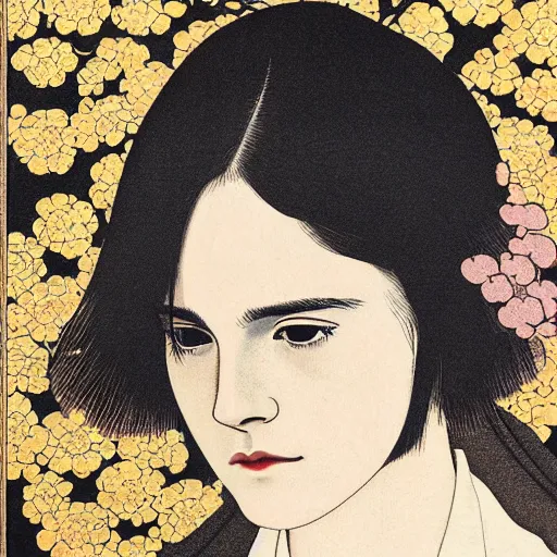 Image similar to emma watson portrait by ikenaga yasunari and ayana otake and ko rakusui, 6 0 s poster, drawing, realistic, sharp focus, japanese, dreamy, nostalgia, faded, golden hues, floral clothes