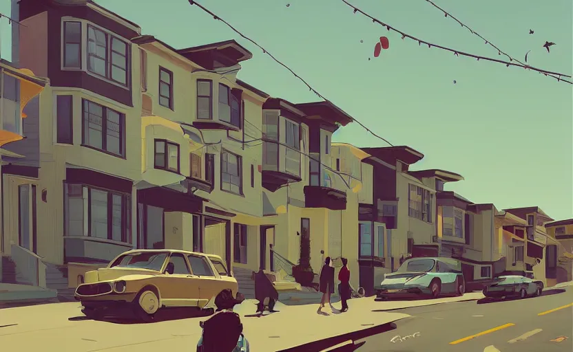 Image similar to a front view san francisco neighborhood illustration by atey ghailan, trending on artstation