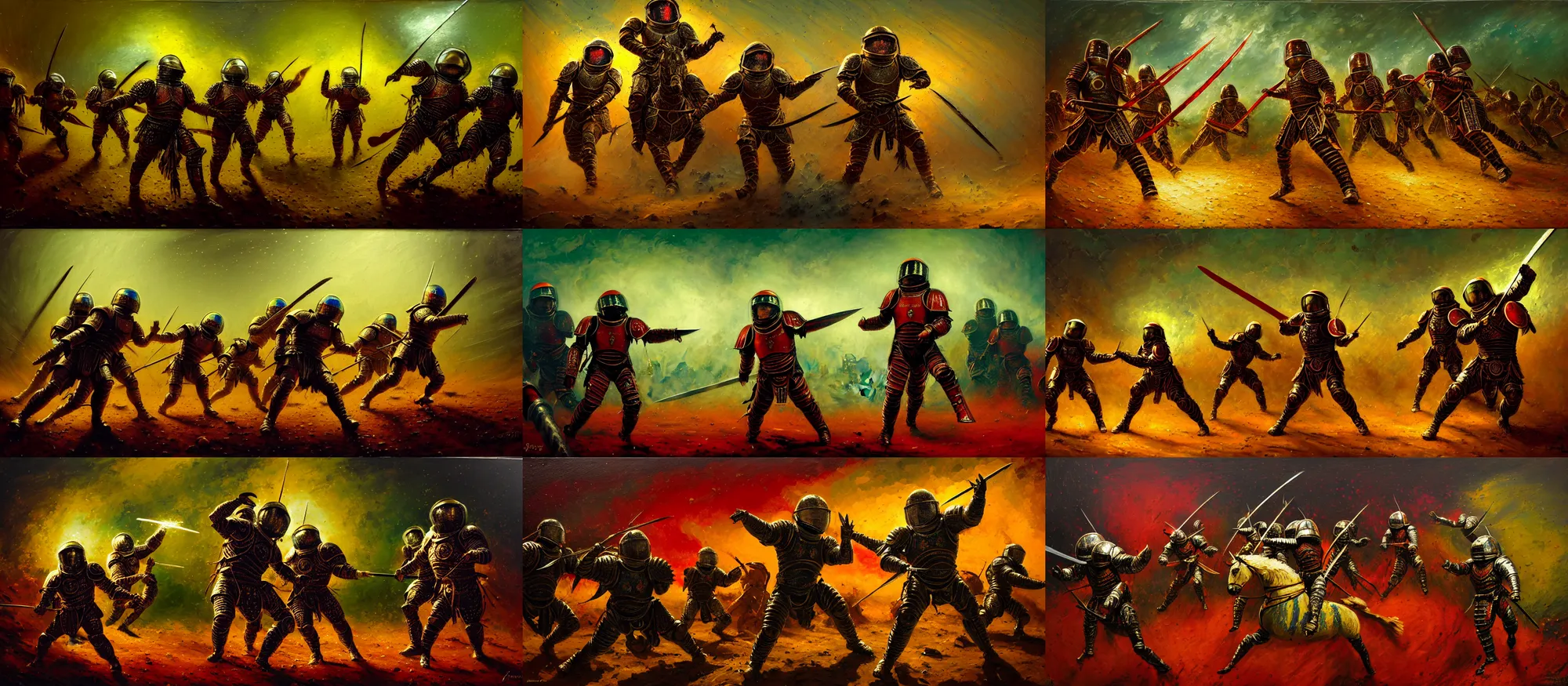 Prompt: battle scene, legionary - astronauts, swords, fractal armor, girih, bargello, luminist, tonalism, dramatic lighting, action scene, palette knife, frenetic, chiaroscuro, figurative art, detailed, proportions, spatter, dust, atmospheric, volumetric lighting, venetian red, raw sienna, sage green