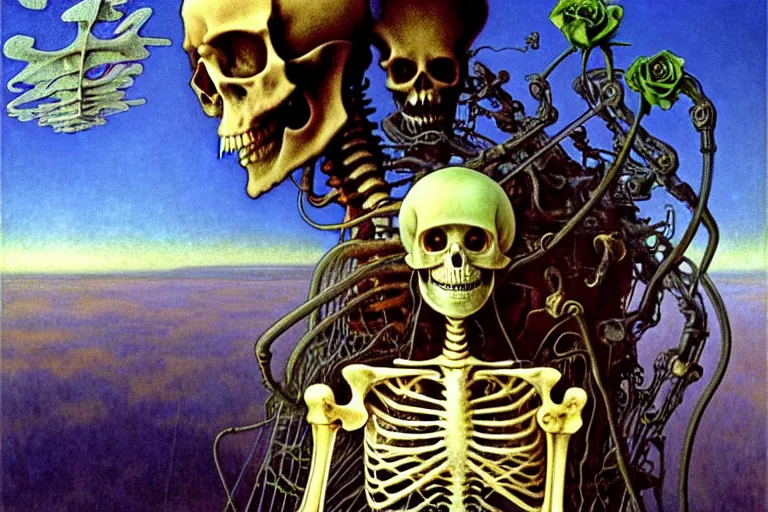 Image similar to realistic detailed portrait painting of a kid with a skeleton with a single rose wearing sci-fi helmet in a dystopian landscape by Jean Delville, Amano, Yves Tanguy, Alphonse Mucha, Ernst Haeckel, Edward Robert Hughes, Roger Dean, cinematic composition, dramatic pose, masterpiece, rich moody colours, blue eyes, 4k details