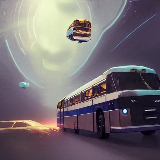 Prompt: realistic render portrait of an bus flying through space intricate, dystopian, sci-fi, extremely detailed, digital painting, sculpted in zbrush, artstation, concept art, smooth, sharp focus, illustration, chiaroscuro lighting, golden ratio, incredible art by artgerm and greg rutkowski and alphonse mucha and simon stalenhag