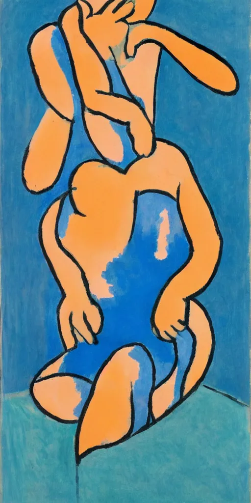 Prompt: portrait of someone who has chest pains, coughing, clogged, fear, pain, burning, in the style of Matisse, cerulean blue theme