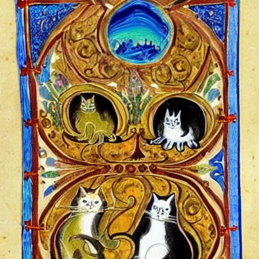 Prompt: illuminated manuscript with cats