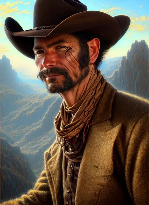 Image similar to closeup portrait shot of a western cowboy in a scenic western environment, intricate, elegant, highly detailed, centered, digital painting, artstation, concept art, smooth, sharp focus, illustration, artgerm, tomasz alen kopera, peter mohrbacher, donato giancola, joseph christian leyendecker, wlop, boris vallejo