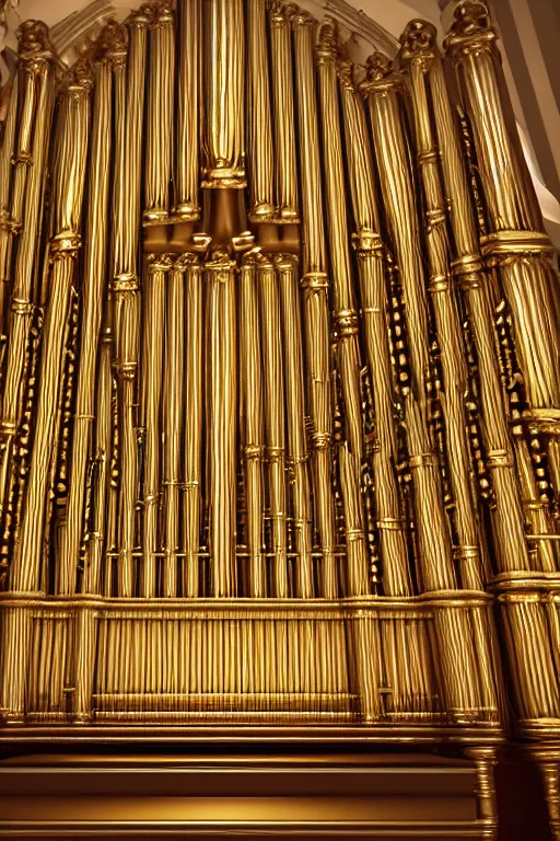 Prompt: a detailed render of an organ in a church, with large golden pipes, trending on artstation, render, 3 d, octane, 4 k, 8 k, unreal engine, cinema 4 d