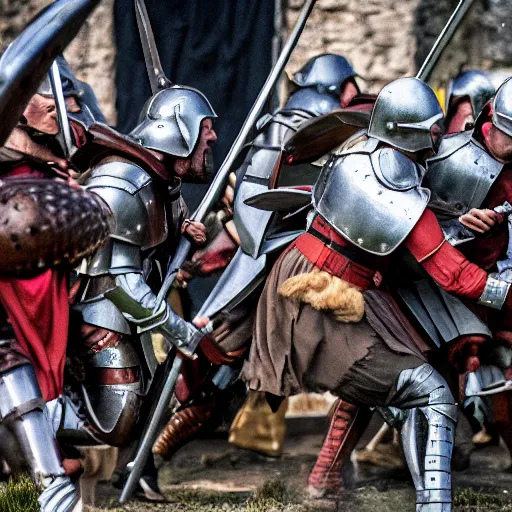 Image similar to film-still shot of a medieval battle, XF IQ4, 150MP, 50mm, f/1.4, ISO 200, 1/160s, natural light, Adobe Photoshop, Adobe Lightroom, DxO Photolab, Corel PaintShop Pro, rule of thirds, symmetrical balance, depth layering, polarizing filter, Sense of Depth, AI enhanced