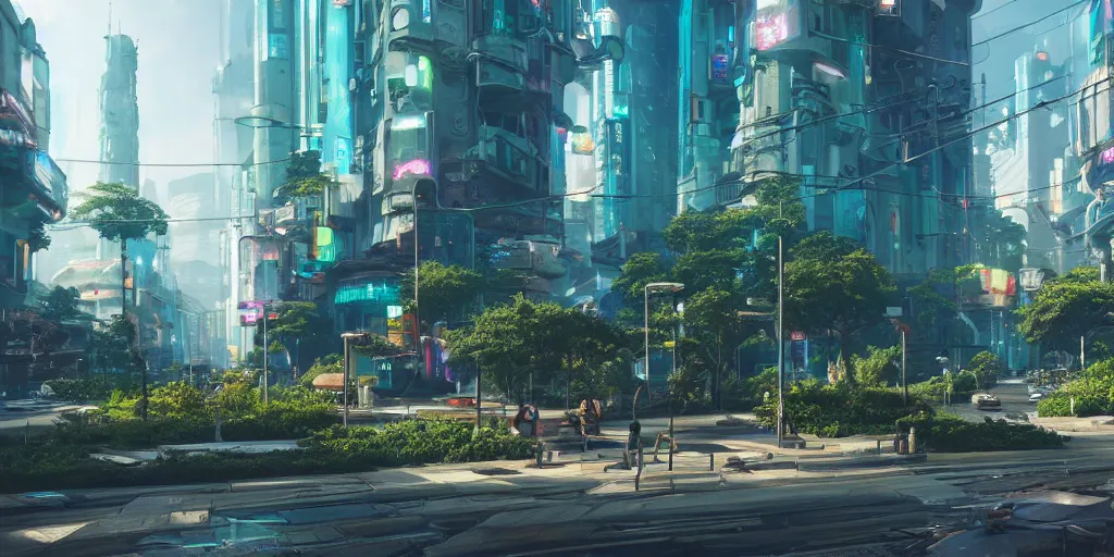 Prompt: professional photo from the streets of a futuristic utopian cyberpunk thriving city full of botanical gardens, floral, advanced economy, tree varieties, 4k, highly detailed, Unreal Engine, ray trace, octane render