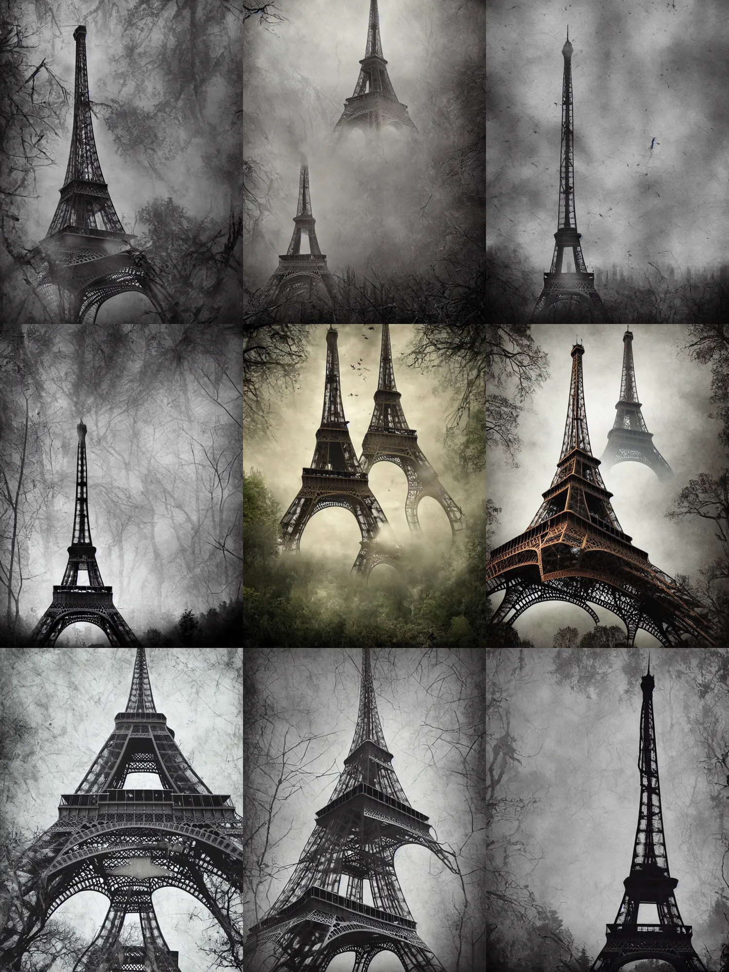 Prompt: a poster of the eiffel tower in the middle of a forest surounded by mountains. dark and gritty. haunted scary. matte painting. hard edges. brush strokes. rule of thirds.