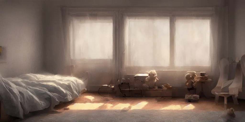 Image similar to a room with a bed, teddy bears and a window, a photorealistic painting by james paick, cgsociety, photorealism, volumetric lighting, matte painting, photorealistic