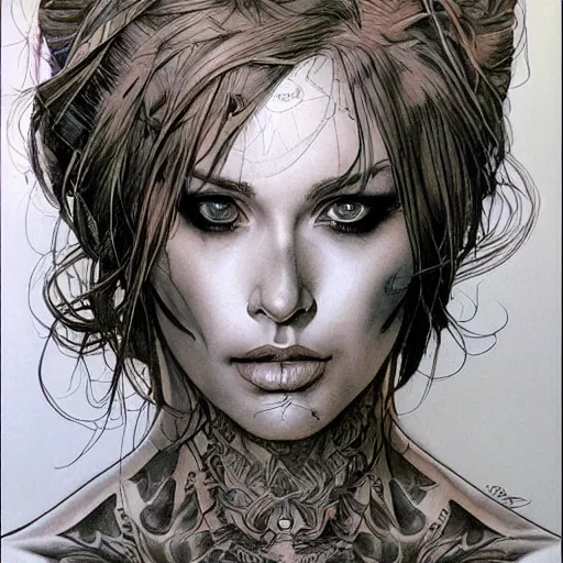 Image similar to a beautiful portrait of a heavily tattooed woman Travis Charest style