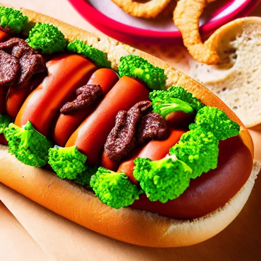 Image similar to photo shoot portrait of a delicious hot dog with broccoli, mustard, ketchup, orio cookies, uhd, detailed, 8k,