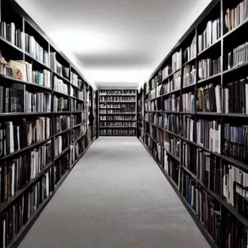 Image similar to a gloomy shadowy midnight crypt room full of darkness with bookshelves. contrast:5, brightness:0