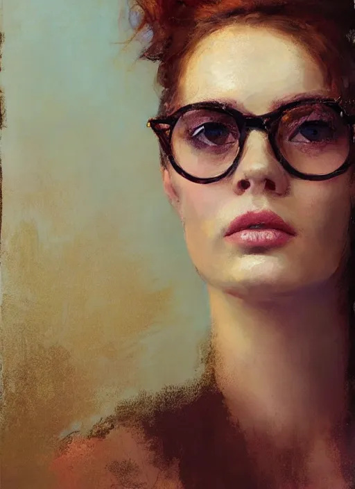 Prompt: portrait of a beautiful woman with red-brown hair in a loose bun, wearing rounded glasses, with sparkling hazel eyes, by Jeremy Mann, stylized, detailed, loose brush strokes, pastel colors, warm tones, touches of gold leaf