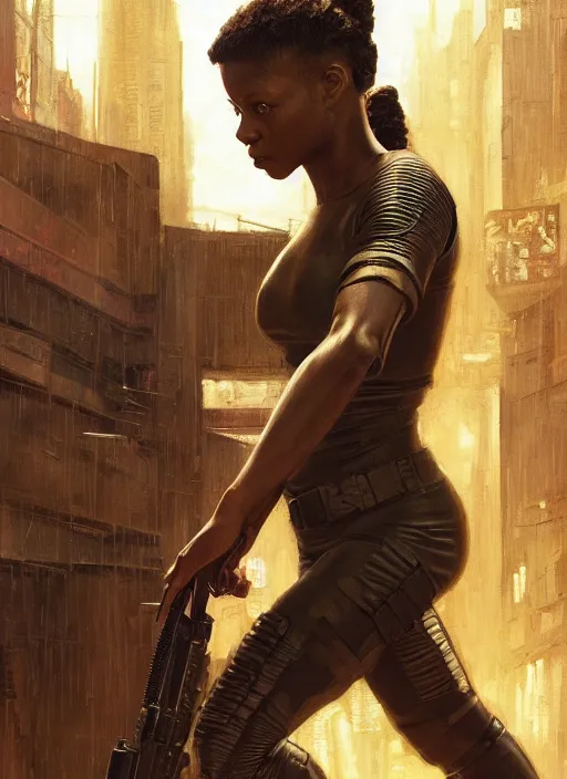 Prompt: Maria Igwe leading assault. female cyberpunk tactical officer breaching door (blade runner 2049, cyberpunk 2077). Orientalist portrait by john william waterhouse and James Gurney and Theodore Ralli and Nasreddine Dinet, oil on canvas. Cinematic, hyper realism, realistic proportions, dramatic lighting, high detail 4k