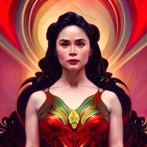 Prompt: kristine hermosa as darna, volumetric lights, red and cyan theme, art nouveau botanicals, intricate, highly detailed, digital painting, artstation, concept art, smooth, sharp focus, cinematic, illustration, beautiful face, art by artgerm and greg rutkowski and alphonse mucha