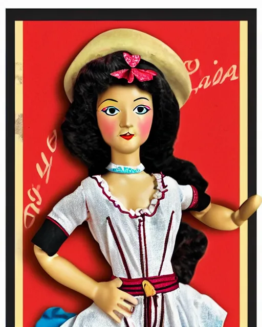 Image similar to an advertising poster of a flamenco gipsy marin doll, retro style of andalusian fair poster