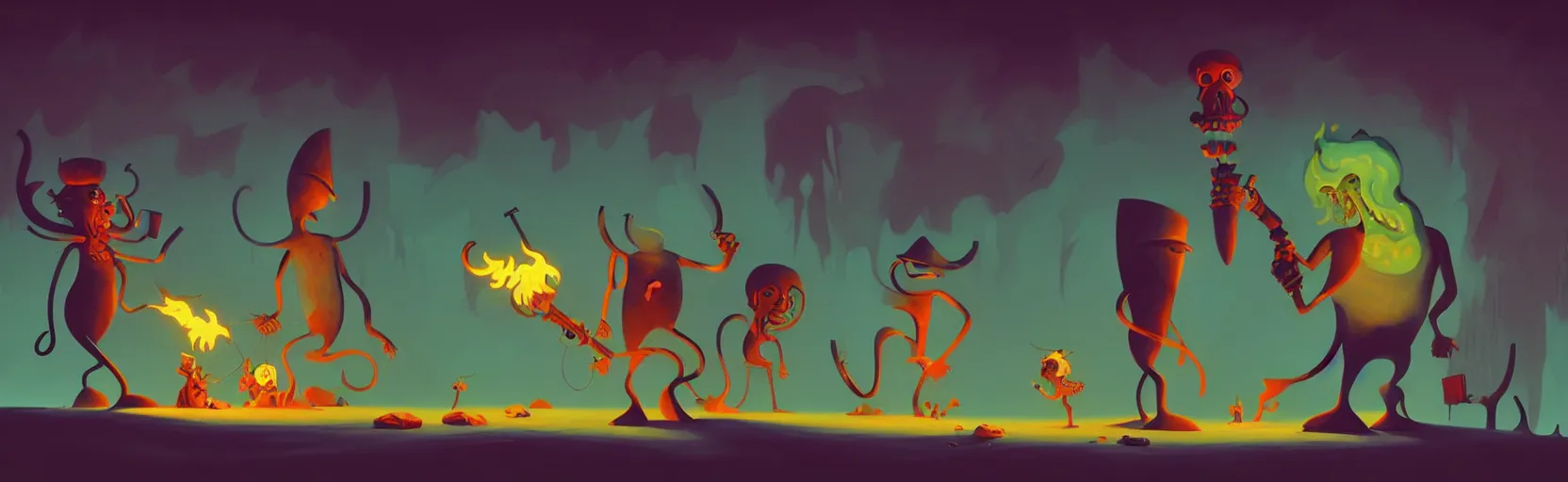 Image similar to uncanny whimsical savage mutants from the depths of a vast wasteland in the collective unconscious, dramatic lighting from fiery torches, surreal fleischer cartoon characters, shallow dof, surreal painting by ronny khalil and bosch