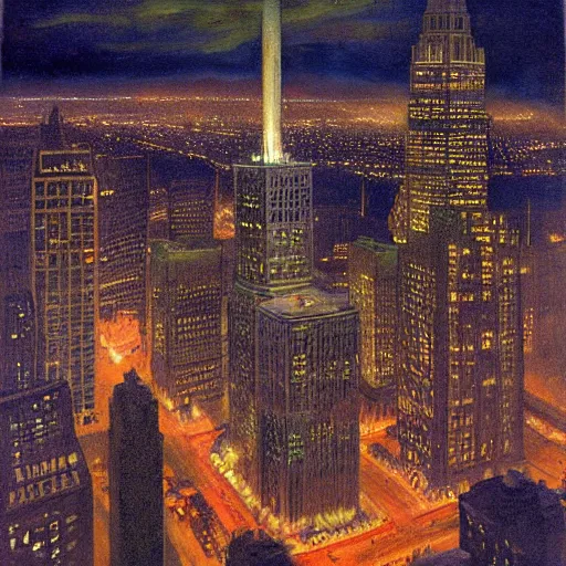 Image similar to photorealistc full - color painting of a nightmarish boston downtown skyline in 1 9 2 5 at night with a horrifying sky, aerial view, dark, brooding, night, atmospheric, horror, cosmic, ultra - realistic, smooth, highly detailed by dave dorman