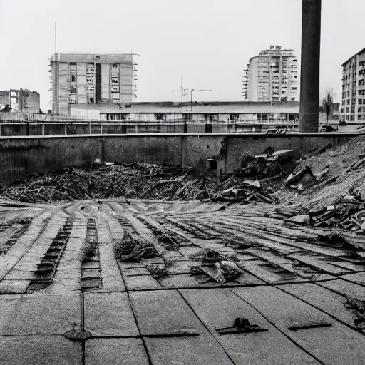 Prompt: a limbo world consisting of concrete uncanny brutalism and labyrinths of rubble and drainage grates, white sky, sand patches