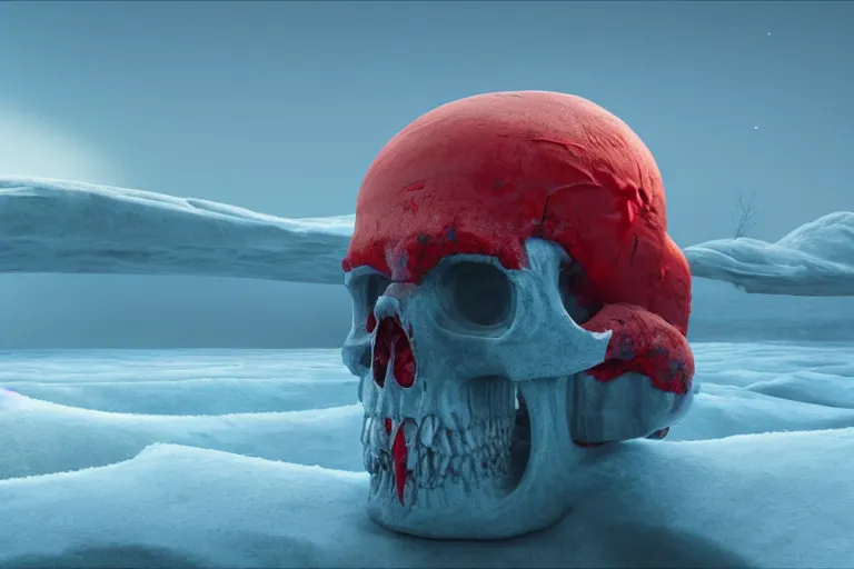 Image similar to a hd render of a floating red skull, surreal frozen landscape, 8 k, cinematic lighting, by beeple and zdzisław beksinski