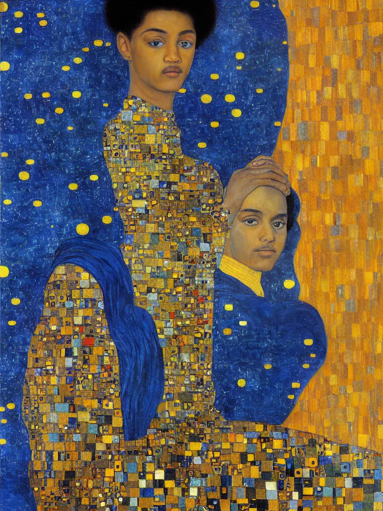 Prompt: a beautiful portrait painting of mahad magandi in front of the whole world united in the art style of Gustav Klimt, impasto oil painting, blue and golden color scheme