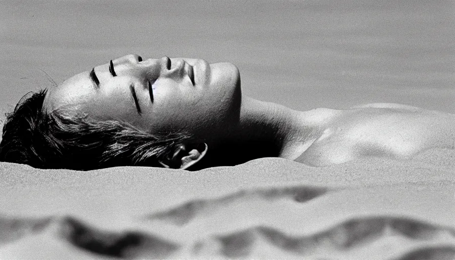 Image similar to 1 9 6 0 s movie still close up of marcus atilius regulus eyelids riped off looking directly at the sun his body buried in the sand, cinestill 8 0 0 t 3 5 mm b & w, high quality, heavy grain, high detail, texture, dramatic light, anamorphic, hyperrealistic, detailed hair