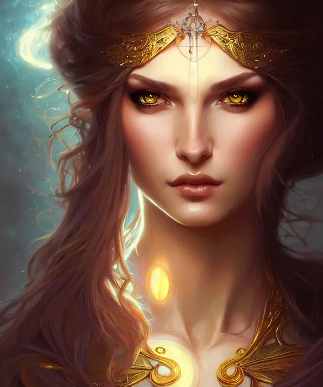 Image similar to fantasy magic woman portrait, sci-fi, amber eyes, face, long hair, fantasy, intricate, elegant, highly detailed, digital painting, artstation, concept art, smooth, sharp focus, illustration, art by artgerm and greg rutkowski and alphonse mucha