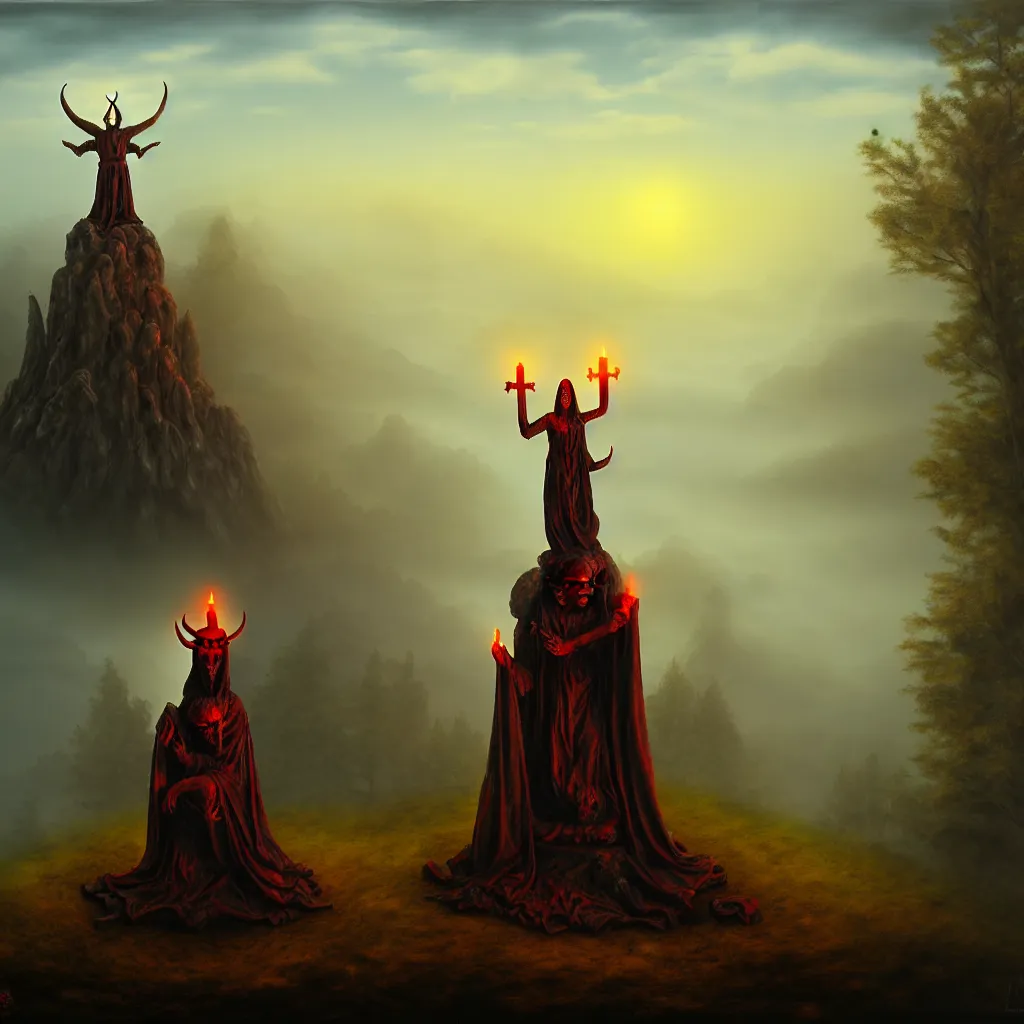 Prompt: satanic ritual, wooden statue, on a hill, a detailed matte painting, fantasy, foggy, grim, dark, oil on canvas