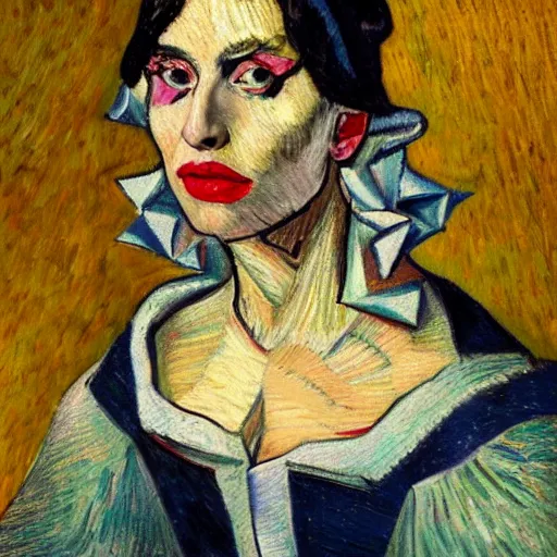 Image similar to a portrait painting of Lady Gaga in the style of Vincent Van Gogh and Albrecht Dürer, 4k,