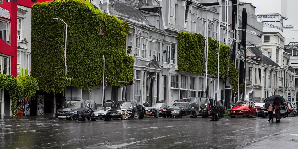 Image similar to a street in wellington new zealand where multiple buildings are covered in living walls made of endemic new zealand plant species. patrick blanc. people walking on street in raincoats. cars parked. windy rainy day. colonial houses