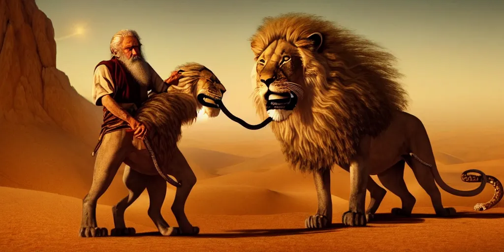 Image similar to a wise old man with a long white beard wearing a hooded tunic, riding a lion in the desert, the man in holding a snake as though it where handlebars and the lion is holding the snake in its mouth, epic cinematic establishing shot, dramatic lighting