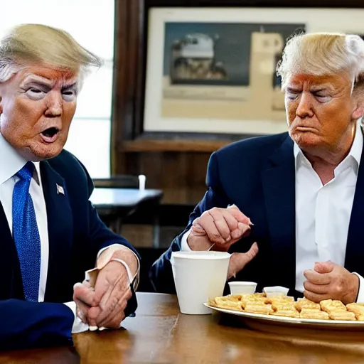 Image similar to photograph of trump and Biden sitting and eating breakfast at a Wafflehouse