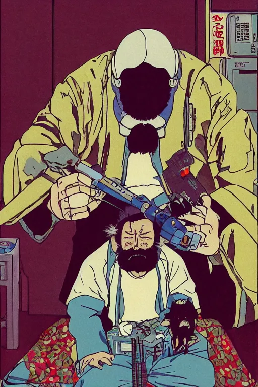 Image similar to awe-inspiring 1980s Japanese cyberpunk style illustration of a grandfather with a beard sitting on the floor by Masamune Shiro and Katsuhiro Otomo, studio ghibli color scheme, dark, complex