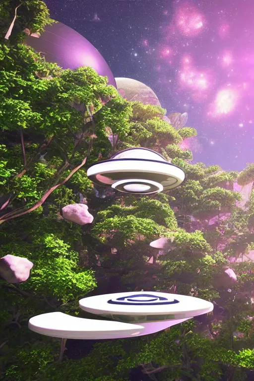 Image similar to multi level botanical garden spaceship floating in space, calm, tranquil, faded effect, detailed, vaporwave colors, render by substance designer