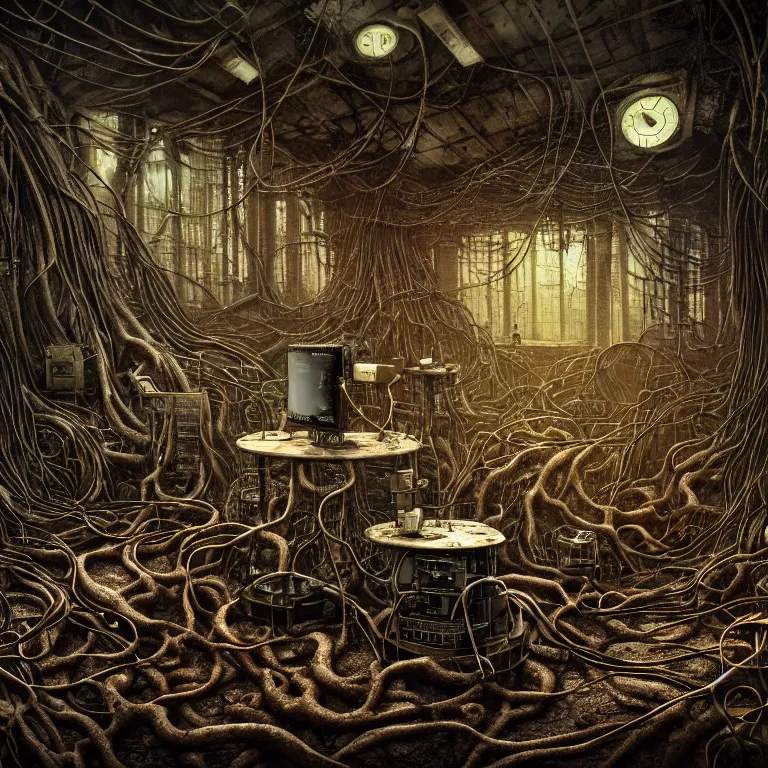 Prompt: cables steampunk computers connected to monster head, brains on jar, panels control still life of ribbed abandoned forest landscape, covered with roots, wires, tubes, standing in a desolate empty wasteland, creepy, nightmare, dream-like heavy atmosphere, surreal abandoned buildings, baroque painting, beautiful detailed intricate insanely detailed octane render trending on Artstation, 8K artistic photography, photorealistic, chiaroscuro, Raphael, Caravaggio, Beksinski, Giger