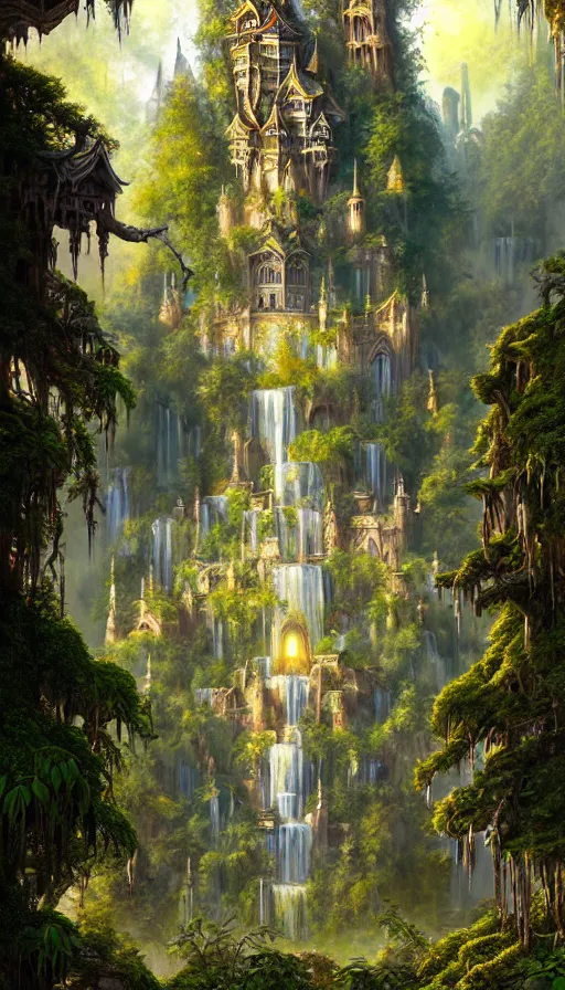 Image similar to fairy palace, castle towers, sunbeams, gothic towers, Japanese shrine waterfall, gold and gems, gnarly details, lush vegetation, forest landscape, painted by tom bagshaw, raphael lacoste, eddie mendoza, alex ross concept art matte painting