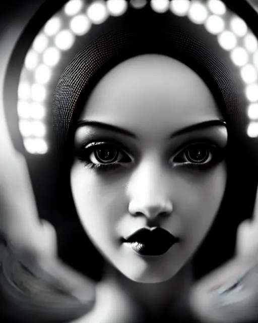 Image similar to black and white dreamy young beautiful female artificial intelligence, metropolis, cinematic, rim light, bokeh, photo - realistic, elegant, high detail, 8 k, masterpiece, photo taken in 1 9 3 0