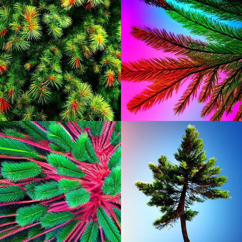 Prompt: A pine tree with opalescent colorful leaves, saturated photograph 4k realistic high quality