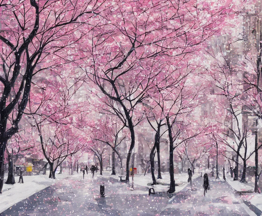 Prompt: anime painting of downtown new york city, sakura trees, cherry blossom petals, light snow